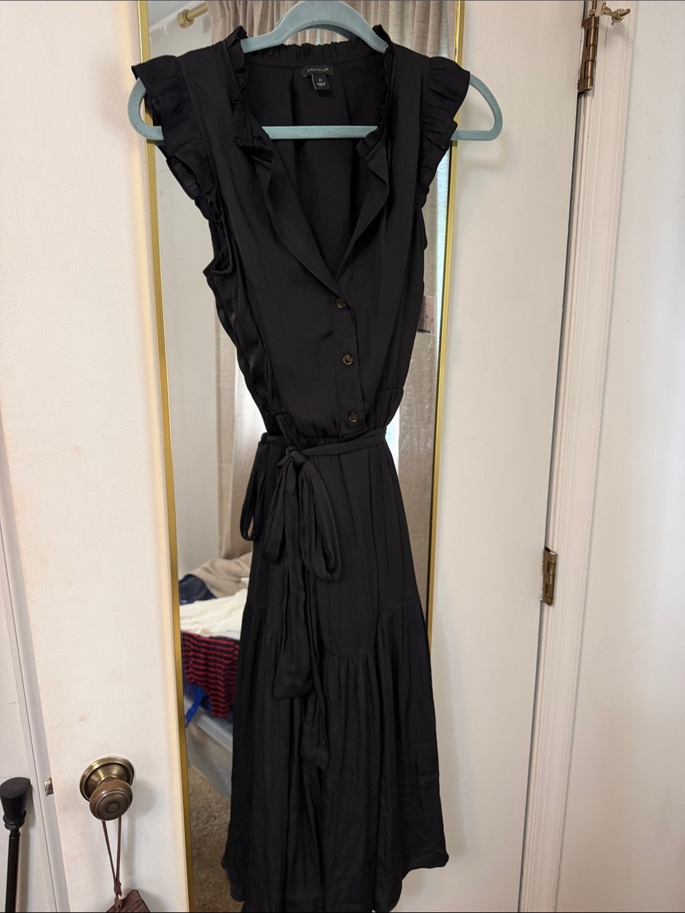Ann Taylor Black Sleeveless Ruffle Midi Dress with Waist Tie